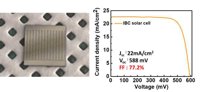 IBC 결정질 실리콘 태양전지(좌)와, 측정된 I-V 곡선(우)