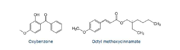 옥시벤존과 옥틸 메톡시신나메이트의 화학 구조