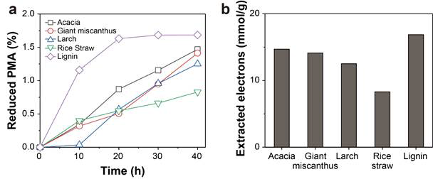 (a) 다양한 바이오매스에 의해 환원 ​된 PMA의 농도 프로파일. (b) 40 시간 동안 인큐베이션하는 동안 바이오매스 무게 당 추출된 전자의 양. 50 ℃에서 PMA(0.5M)를 각 바이오매스 0.01g 환원시킴