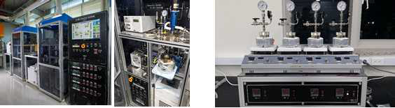 리그닌 고부가화 촉매 전환공정을 위해 구축된 반응기. 좌측은 100 ml 회분식 고압 반응기(2 세트) 이며, 우측은 50 ml 병렬형 회분식 오토클레이브 반응기(4 세트)