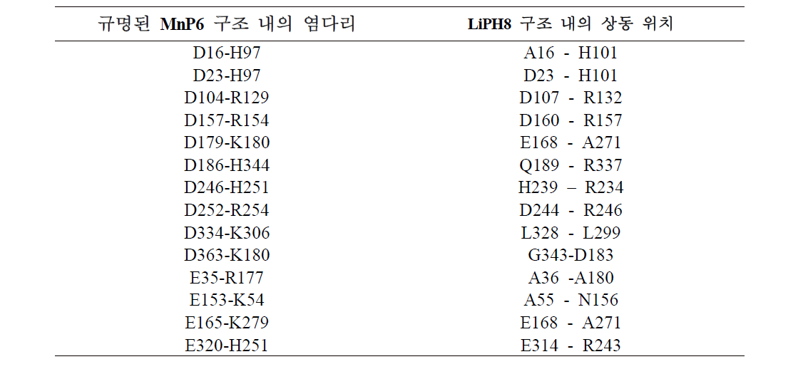 규명된 MnP6 구조 내의 염다리와 LiPH8 구조 내의 상동 위치