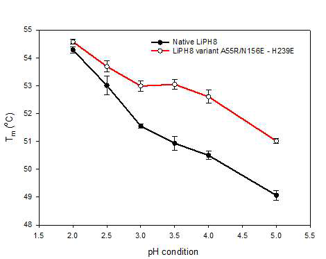 고유 LiPH8 및 변이체 A55R/N156E-H239E에 대한 Tm의 pH 의존성 측정