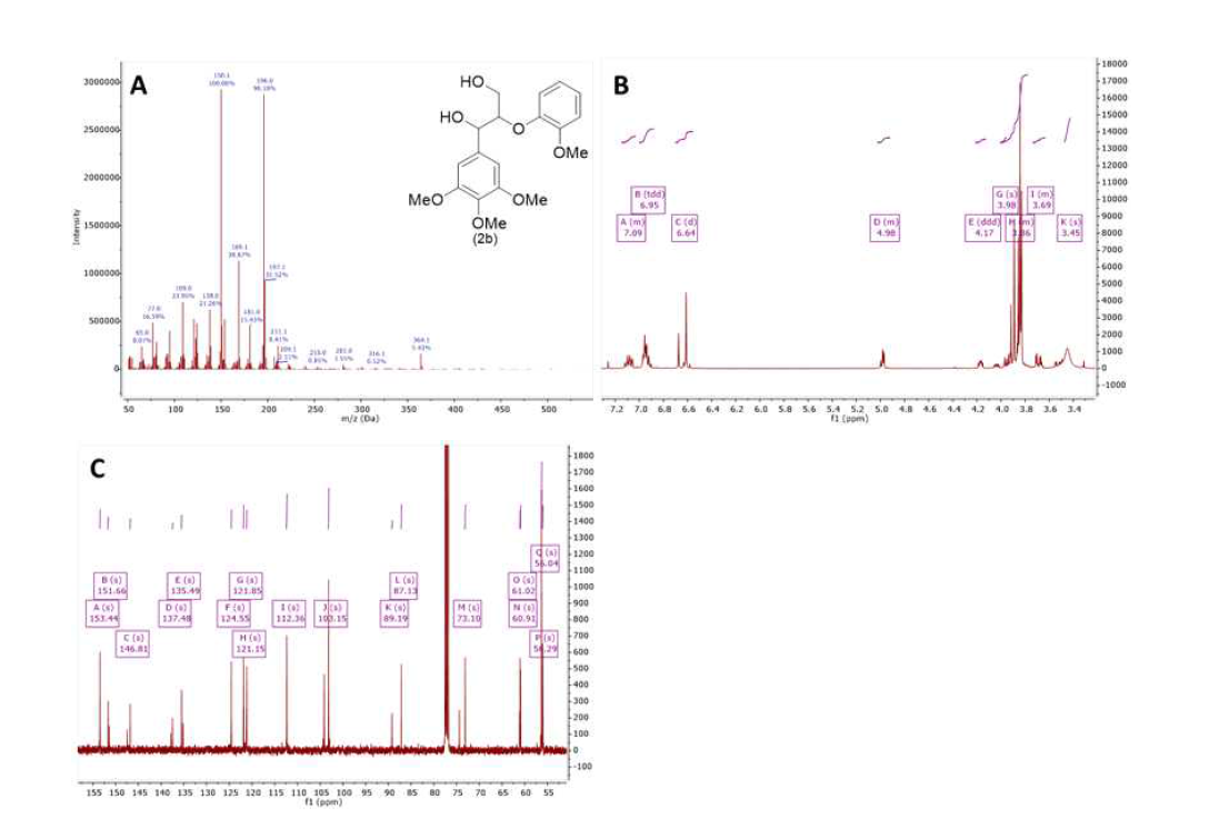 GC/MS(A), 1H-NMR(B) 및 13C-NMR(C)에 의한 화합물 2b의 확인