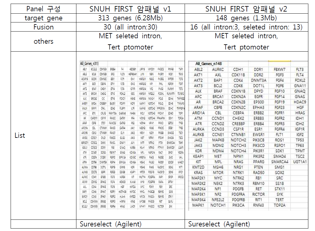 SNUH FIRST 암패널 version 1과 version 2 개발