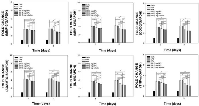 지질다당류 자극된 세포집합체에서 (a) MMP-3, (b) MMP-13, (c) COX-2, (d) ADAMTS-5, (e) IL-6 및 (f) TNF-α를 포함하는 염증성 사이토카인의 mRNA 발현 수준