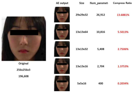 오토인코더를 활용하여 압축한 이미지 원본과 그 복원영상 예시와 압축율