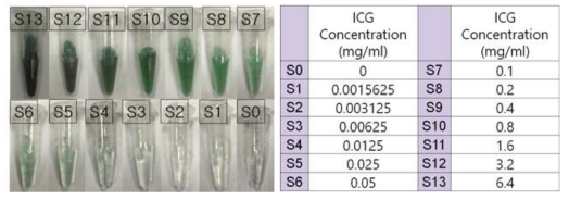 농도별 인도시아닌 그린(ICG) 샘플