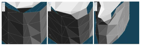 결손부위의 윗, 아랫변과 온전한 부위의 geometry를 차용하여 지지체의 메인바디를 구성하기 위한 manual interpolation과정. 빈공간이 점차 채워지고 있음