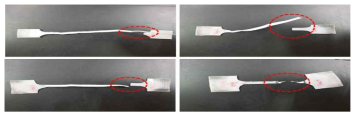 인장평가 과정에서 시편이 파탄이 발생하는 지점을 측정하였고, 평가가 진행되었던 시편의 모습
