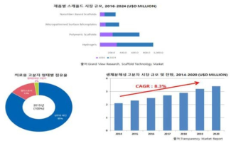 인공지지체 시장 동향 및 생분해성 소재 시장 동향 파악한 결과로 생분해성 고분자의 점유율은 낮지만, 점차 시장 규모가 증가하는 추세에 있음