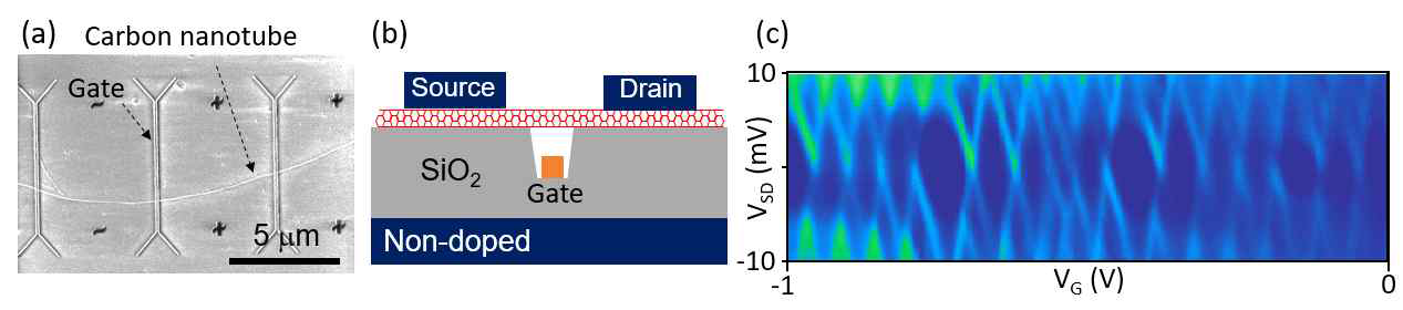 (a) carbon nanotube 성장후 SEM 이미지. (b) 소자 schematic 이미지. (c) Coulomb diamond 측정결과. 게이트 전압에 따라 안정적이고 깨끗한 Coulomb diamond가 측정됨. Additional energy EAdd = 7 ~ 10 meV