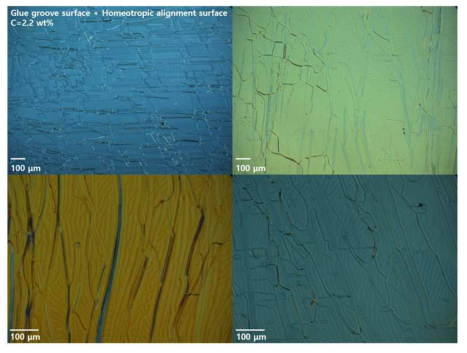 Cholesteric LC cell with lecithin coated UV glue groove surface and homeotropic alignment surface