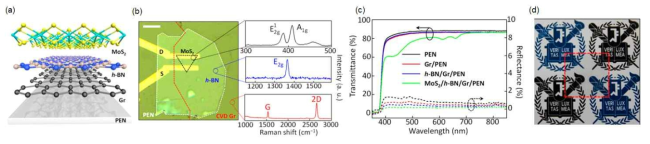 (a) 그래핀 전극 및 h-BN 절연층을 사용하여 투명 전계효과트랜지스터 제작 (b) 광학 이미지 및 Raman spectra (c) PEN 유연 기판 상에 그래핀 전극, h-BN 절연층, MoS2 반도체 층을 차례로 전사 프린팅 하였을 시 감소하는 빛 투과도 (d) 투명 소자 어레이의 사진