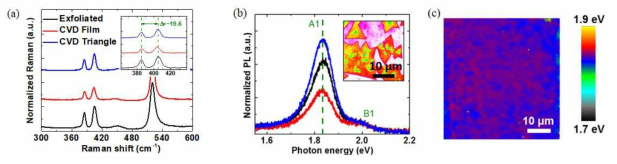 (a) Raman Spectra (b) Photoluminescence(PL) spectra (c) CVD MoS2 필름 PL 맵핑