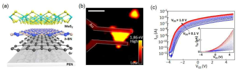 (a) CVD로 합성된 MoS2 전사를 통한 전계트랜지스터 제작 (b) PL 맵핑을 통해 우수한 MoS2 전사 기술 검증 (c) 전하이동도 12.2 cm2/V·s, 점멸비 ~ 106