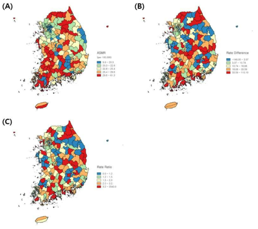 250개 시군구별 0-13세 아동의 연령표준화사망률(A), rate difference(B), rate ratio(C) (남녀전체, 2008-2017년합)