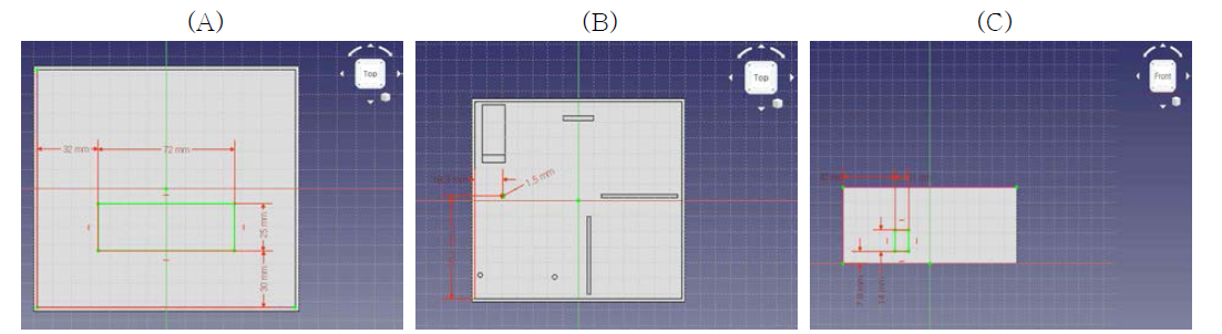 3D프린터 출력을 위한 보호 케이스 덮개 모델링(A)과, 케이스 내부 모델링(B), 케이스 앞면 모델링(C)