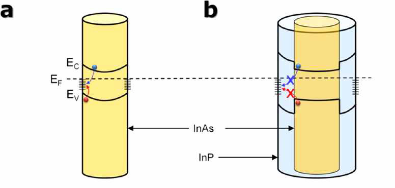 (a) InAsP 나노와이어와 (b) 코어(InAsP)-쉘(InP) 구조의 나노와이어의 삽화
