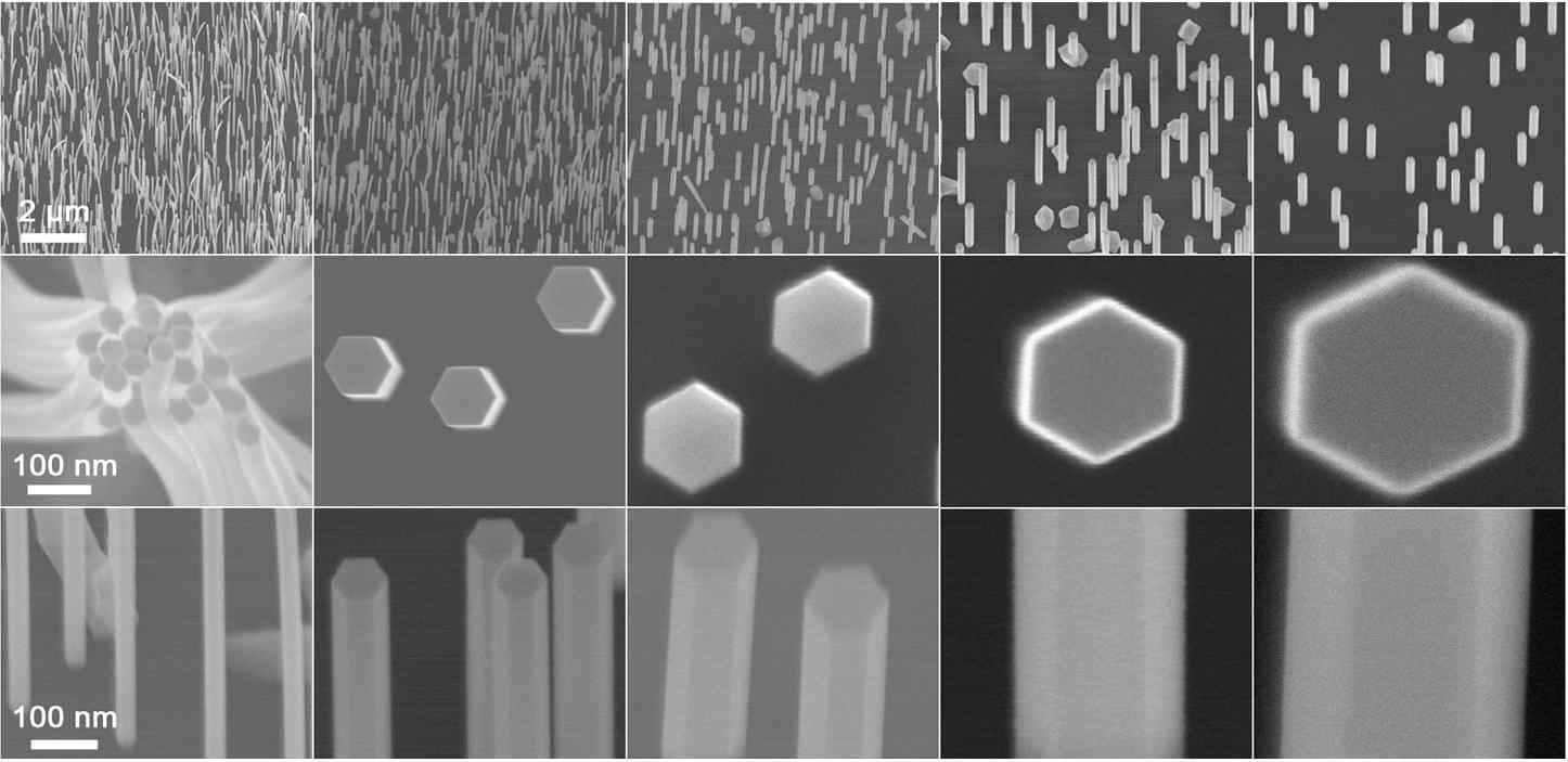 InAs 나노와이어의 밀도 및 형태 조절에 관련된 연구결과 SEM 사진. 위에서 2열의 SEM 사진은 나노와이어의 윗면에서 측정한 결과이며, 나머지는 45도 기울여 측정하였다. 나노와이어의 밀도 및 두께가 각각 5×106 -2×109 cm2 그리고 30 – 350 nm 조절됨을 알 수 있다