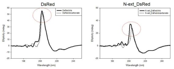 Bicarbonate에 의한 DsRed와 NEXT-DsRed의 CD spectrum의 변화