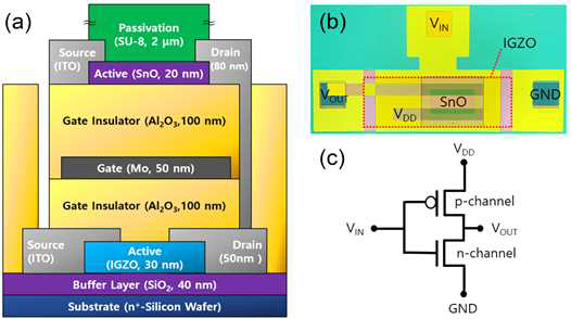 제작된 산화물 박막트랜지스터 기반 3차원 적층형 CMOS inverter의 (a) 단면도, (b) 사진 (optical image) 및 (c) 회로도 (circuit diagram)