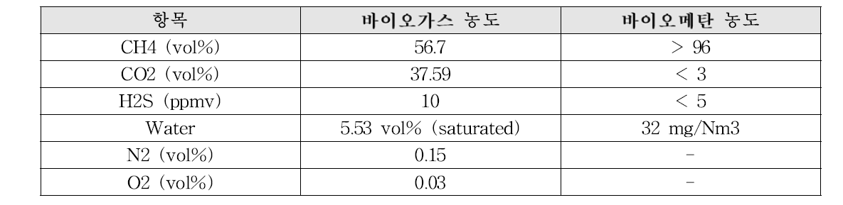 파일럿규모 공정 설계를 위한 바이오가스 및 바이오메탄 농도 조건