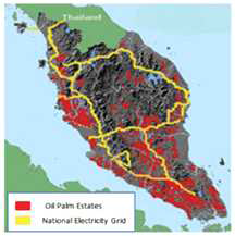 말레이시아 팜오일 농장 위치와 국가 전력망 (Kumaran et al., 2015)