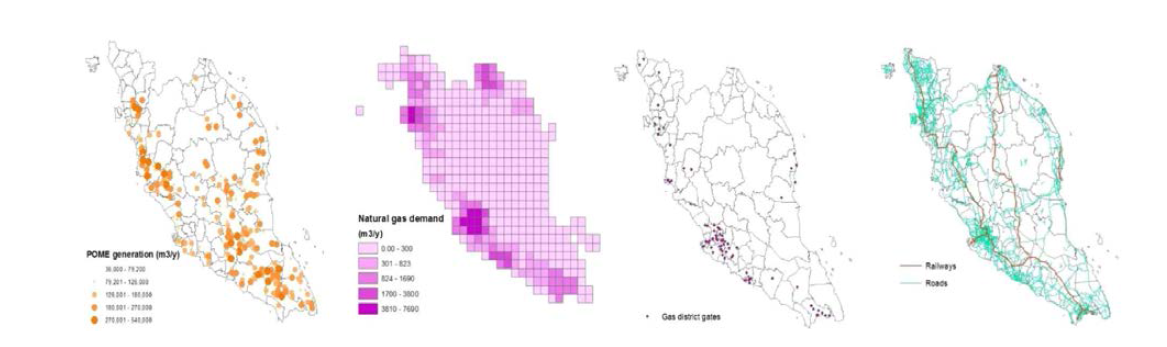말레이시아에서의 POME 생산, 천연가스 수요, 천연가스 배포처, 도로 및 기차 network에 대한 지도