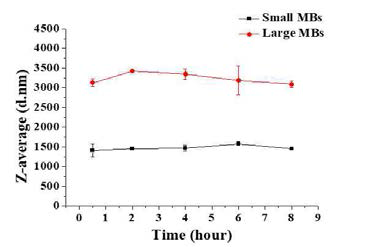 시간에 따른 마이크로버블의 크기 변화 추이 그래프