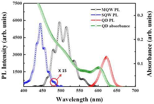 MQW, SQW LED 구조의 PL 스펙트럼 및 QD의 흡수 스펙트럼과 PL 스펙트럼