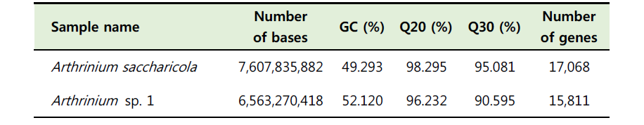 Arthrinium saccharicola와 Arhthrinium sp. 1의 전장유전체 분석 및 protein annotation 결과
