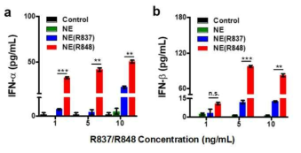 이미다조퀴놀린계열 물질 (R837, R848)을 함유하는 나노에멀젼 아주번트 (NE(R837), NE(R848))의 type I interferon (IFN-α, IFN-β) 유도 효과