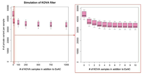 ExAC에 의하여 이미 filtering된 한국인 특정 질환 유전체 데이터에 KOVA를 추가로 사용시 얼마나 많은 변이가 filtering out 되는지를 테스트함. 약 20% 정도의 추가 filtering power를 부여하는 것으로 시뮬레이션 됨