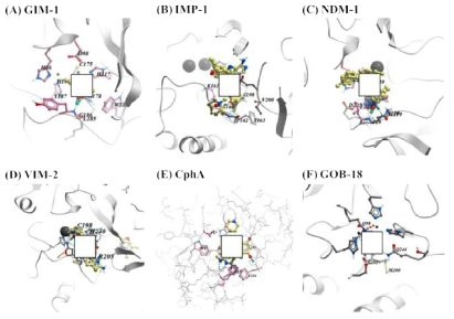 Docking-predicted binding modes of (A) GIM-1, (B) IMP-1, (C) NDM-1, (D) VIM-2, (E) CphA, and (F) GOB-18 with 33 compounds throughout the fragment-based screening