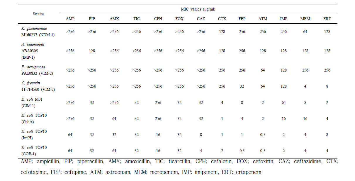 Minimum inhibitory concentrations (MICs) of 13 antibiotics for 5 multiple-drug resistant stains and 3 transformants producing class B carbapenemases