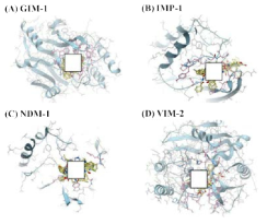 Docking-predicted binding modes of (A) GIM-1, (B) IMP-1, (C) NDM-1, and (D) VIM-2 with 26 compounds throughout the covalent-based screening