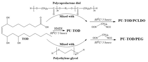 TOD/PEG 또는 TOD/PCLDO 기반 폴리우레탄 합성 반응경로