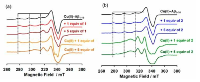 (a) Cu(II)-Aβ1-16 구조체와 chemical regulator 1 또는 (b) 2 혼합에 따른 연속파 전자상자 기공명 스펙트럼 변화