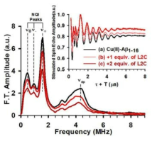 Cu(II)-Aβ1-16 구조체와 저해제를 첨가한 ternary complex의 3-pulse ESEEM spectra