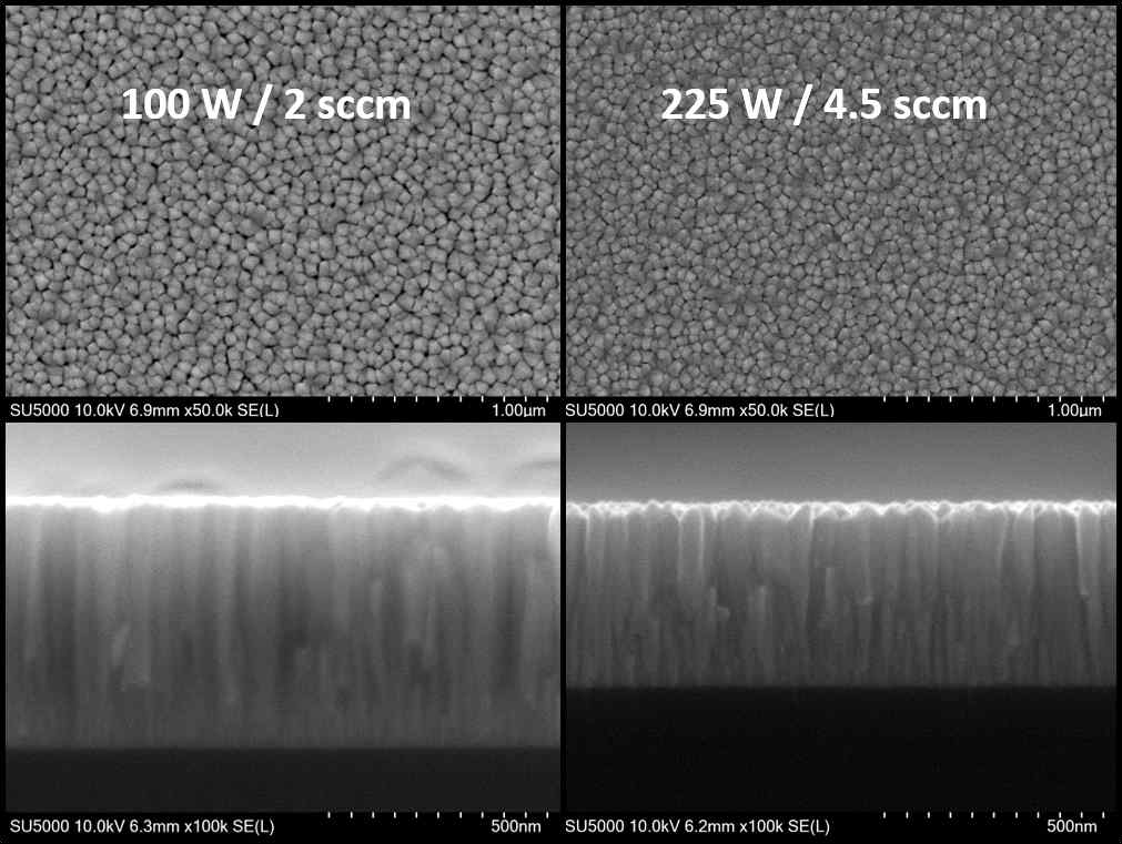 100 W, 225 W 에서 500 nm 두께로 증착한 Cu2O 박막의 SEM 이미지