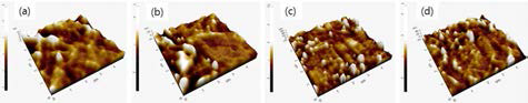 PCL 필름표면에 아르곤 플라즈마처리에 따른 표면의 거칠기 변화 (a) 무처리 상태 (Rq 2.622nm), (b) 10초 처리 (Rq 6.009nm), (c) 30초 처리 (Rq 9.998nm), (d) 6초 처리 (Rq 7.495nm)