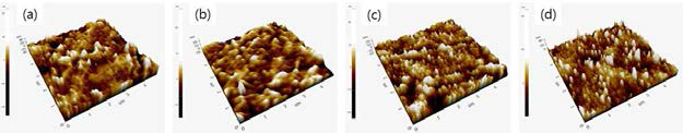 PCL 필름표면에 아르곤 플라즈마 처리에 따른 표면의 거칠기 변화 (a) 무처리 상태 (Rq 7.531nm), (b) 30초 처리 (Rq 3.399nm), (c) 1분 처리 (Rq 5.231nm), (d) 5분 처리 (Rq 7.396nm)