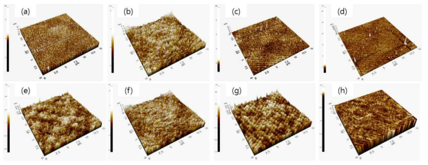 Silicon wafer (a, b, c, d)와 Cover glass (e, f, g, h) 표면에 Allylamine, DACH, Cyclopropylamine 중합에 따른 표면의 거칠기 변화 (a, d) 무처리 상태 (Rq 5.345, 14nm), (b) Ar 전처리 및 중합 (Rq 18.252nm), (c) Ar 전처리 및 중합 후 DW 세척 (Rq 28.564nm), (e) Ar 전, 후처리 및 중합 (Rq 13.331nm), (f) Ar 전, 후처리 및 중합 후 DW 세척 (Rq 16nm)