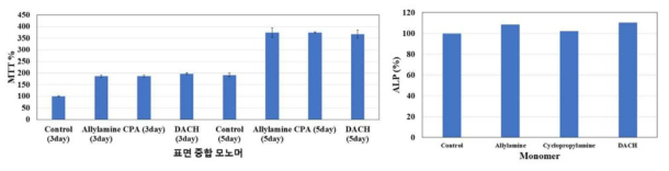 아민 코팅 표면에서의 MTT 실험 결과 (좌측) 및 ALP 실험 결과 (우측)