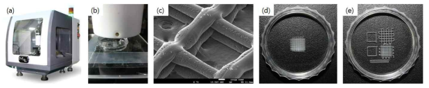 (a) FDM 3D 프린터, (b) 3.5cm 세포배양 디쉬 표면에서의 격자 제작 과정, ⒞ 45도 기울여서 찍은 격자의 SEM 사진 (×75), (d) 격자 내부를 300μm로 제작한 디쉬, (e) 격자 내부의 크기에 따른 세포의 상태를 한번에 보기 위해 3가지 크기(500μm, 1mm, 4.5mm)로 격자를 제작한 세포배양 디쉬