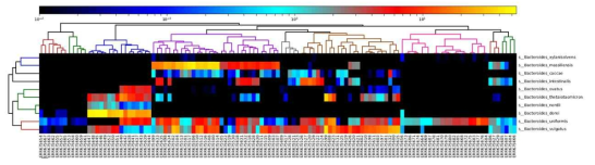 쥐 장내 미생물 메타지놈 샘플(136개)의 Bacteroides속의 상대적 존재비