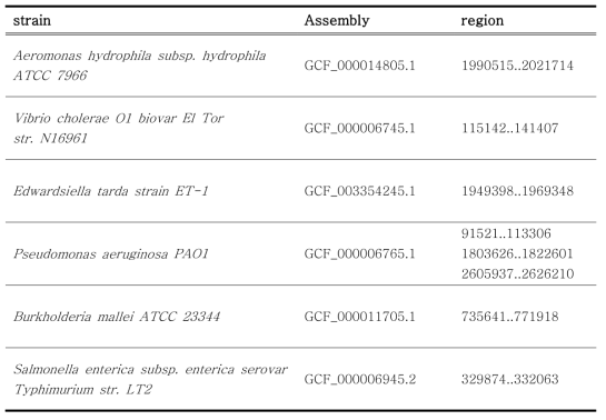 T6SS 구성요소 명명에 이용된 6개의 참조 유전체