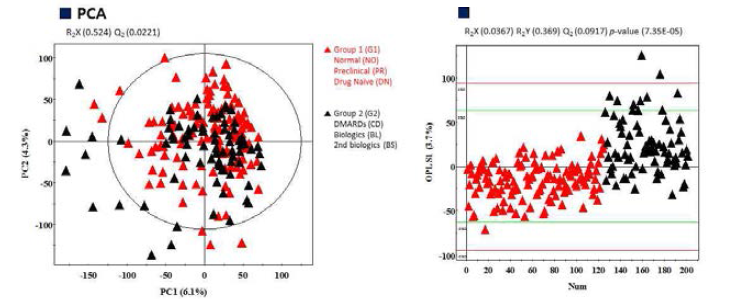 다변량 통계 분석 결과, 좌:PCA 분석 결과, 우:OPLS-DA 분석 결과