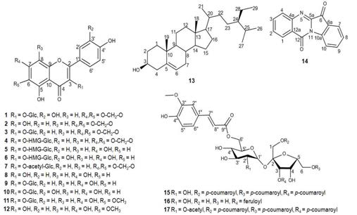 Chemical structures of compounds isolated from the EtOAc fraction of P. tinctorium