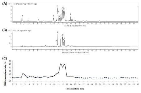 HPLC chromatogram of P. asiatica with simultaneous DPPH scavenging activity. [A] The total ion current (TIC) from ESI-MS in negative mode. [B] UV chromatogram (254nm). [C] Time-dependent DPPH radical scavenging activity of P. asiatica